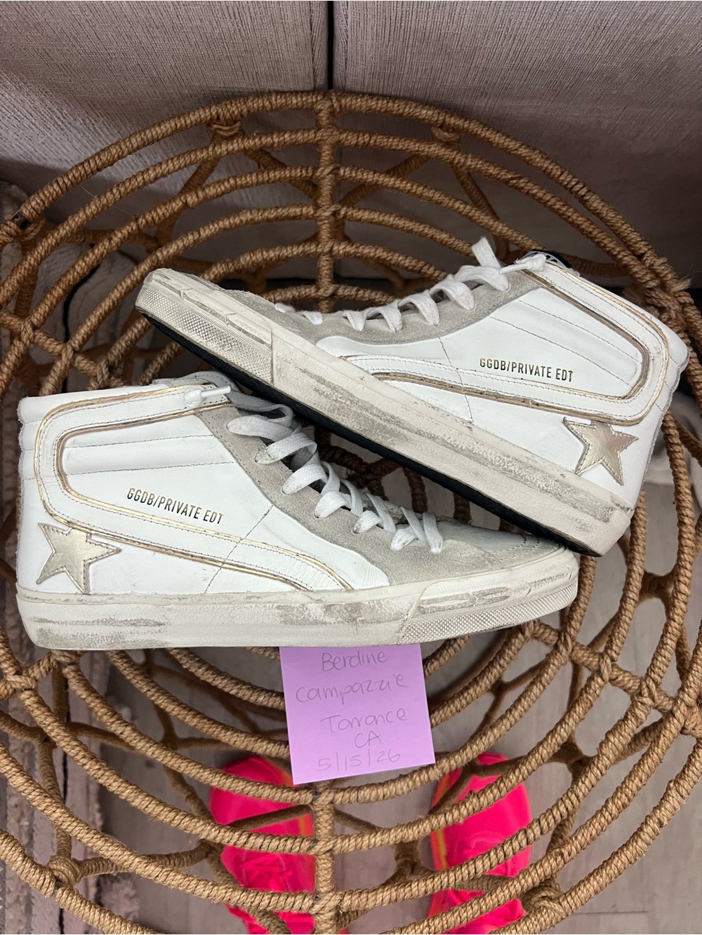Golden Goose White and Cream High-Top Sneakers with Star Accent